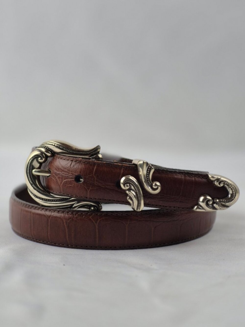 Brighton "Allegro Swirl" Brown Leather Moc Croc Western Scroll Ornate Buckle L